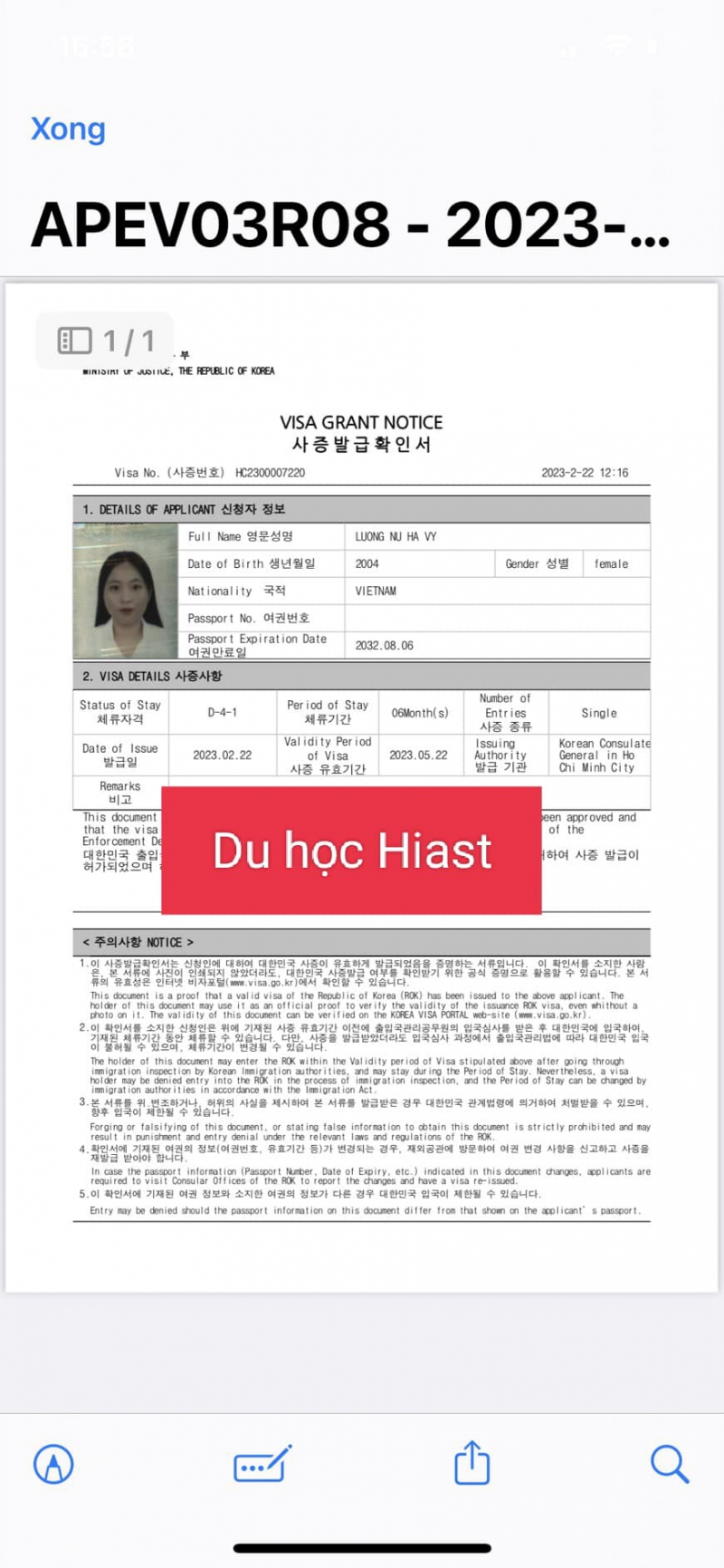 Visa Du học Hàn Quốc Hiast