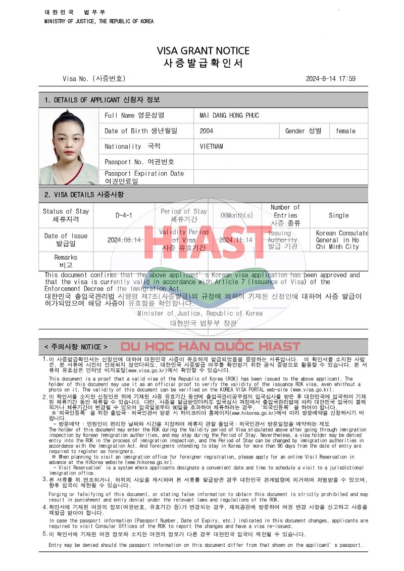 Học Viên Du Học Hiast Đậu Visa Ngày 14.08.2024