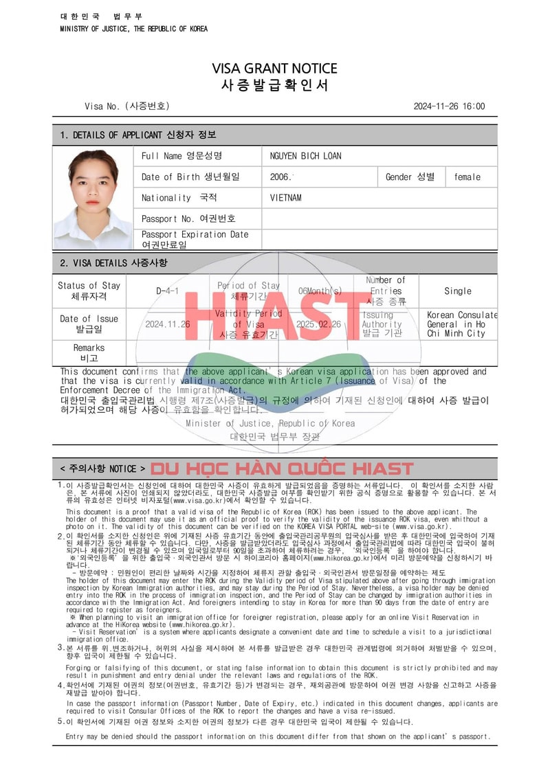 Học Viên Du Học Hiast Đậu Visa Du Học Hàn Quốc Ngày 26.11.2024